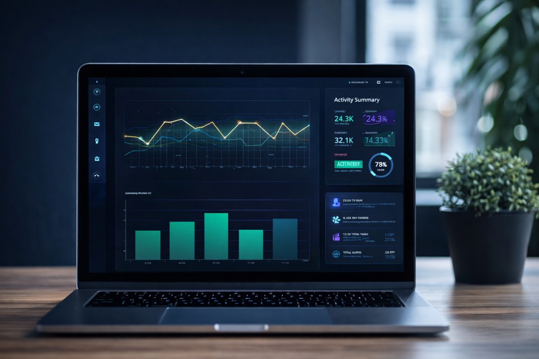 Modern laptop showcasing data analytics dashboard Softura