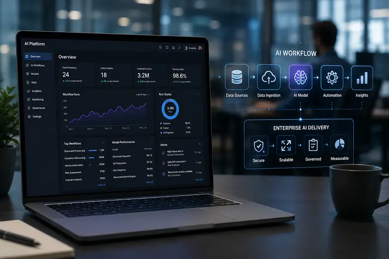 AI Platform dashboard showing workflow automation, data ingestion, and enterprise AI delivery