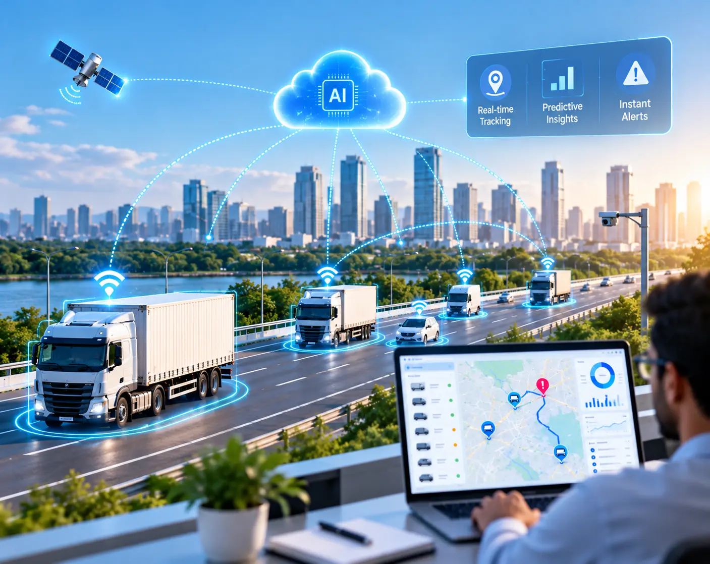 Connected Fleet AI Dashboard Semi truck driving down a highway at sunset