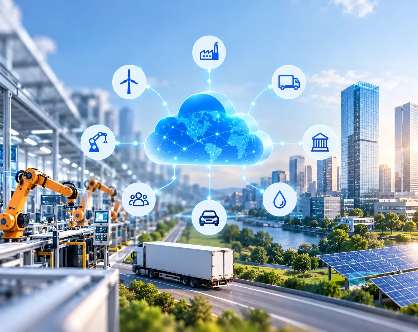 Connected Industrial Ecosystem Smart factory floor with connected machines