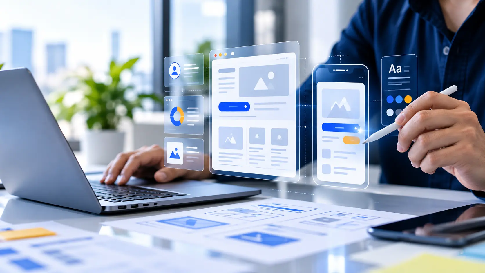Hands holding a phone showing a mobile app wireframe