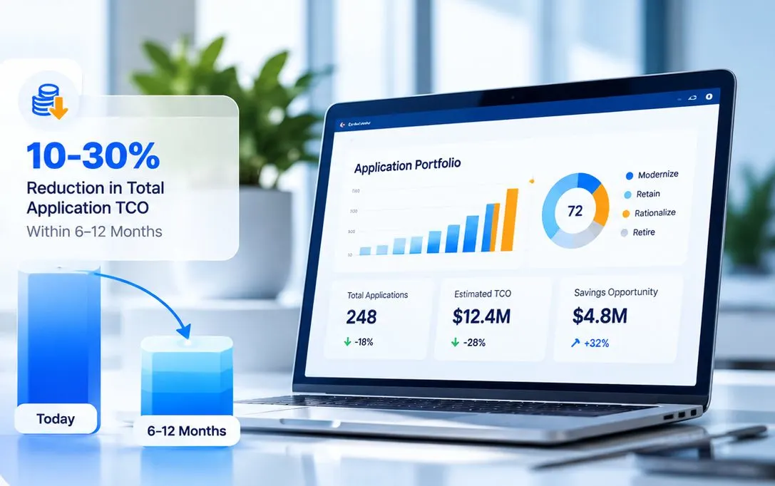 Application portfolio dashboard showing a 10–30% reduction in total application TCO within 6–12 months